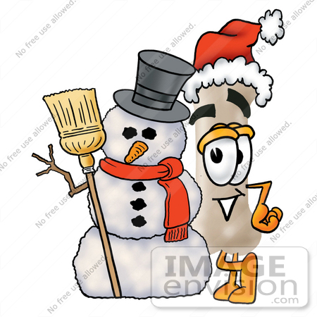 #27849 Clip Art Graphic of a Bone Cartoon Character Wearing a Santa Hat and Standing by a Snowman by toons4biz