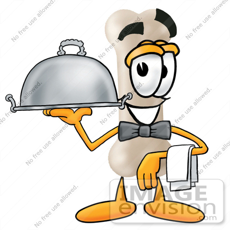 #27851 Clip Art Graphic of a Bone Cartoon Character Serving a Dinner Platter While Waiting Tables by toons4biz
