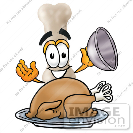#27854 Clip Art Graphic of a Bone Cartoon Character Serving a Thanksgiving Turkey on a Platter by toons4biz