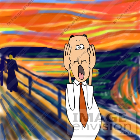 #27897 People Clipart Picture of a Humorous Parody Of "The Scream" By Edvard Munch Showing A Caucasian Businessman Holding His Hands Up To His Cheeks And Screaming Because He’s Tired Of Office Problems Or His Nagging Wife by DJArt