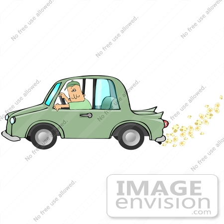 #27900 Clipart Image Illustration of a Caucasian Man Driving A Green Biodiesel Car With Popcorn Coming Out Of The Muffler by DJArt