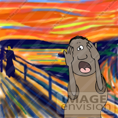 #27931 People Clipart Picture of a Humorous Parody Of "The Scream" By Edvard Munch Showing an African American Man Holding His Hands Up To His Cheeks And Screaming Because He’s Tired Of His Nagging Wife, Mother or Kids by DJArt
