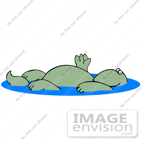 #27937 Clip Art Graphic of a Friendly Relaxed Green Dinosaur Waving While Floating On His Back In Clear Blue Water by DJArt