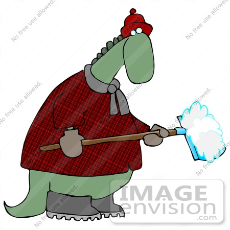#27940 Clip Art Graphic of a Green Dinosaur In A Hat And Plaid Coat, Shoveling Snow Off Of A Walkway In The Winter by DJArt