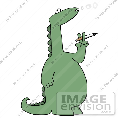 #27941 Clip Art Graphic of a Unhealthy Green Dinosaur Holding A Cigarette And Blowing Out O Shaped Rings Of Smoke by DJArt