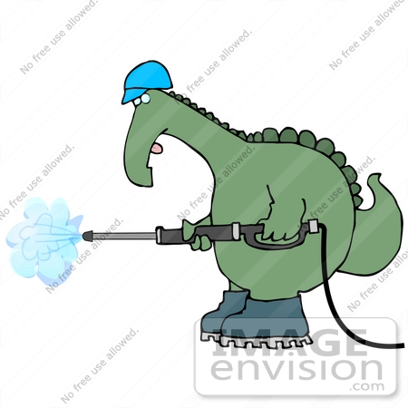 #27944 Clip Art Graphic of a Green Dinosaur Worker Operating A Pressure Washer Nozzle by DJArt