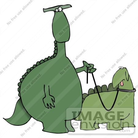 #27948 Clip Art Graphic of a Green Dinosaur Standing Upright And Walking Another Dinosaur On A Leash by DJArt