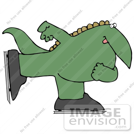 #27949 Clip Art Graphic of a Happy Green Dinosaur Ice Skating by DJArt