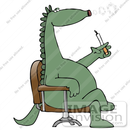 #27952 Clip Art Graphic of a Green Lung Cancer Ridden Dinosaur Sitting Cross Legged In A Chair And Blowing Smoke Circles While Smoking A Cigarette by DJArt