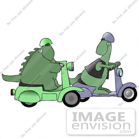 #27953 Clip Art Graphic of a Pair Of Green Dinosaurs On Green And Purple Scooters, Racing On The Street by DJArt