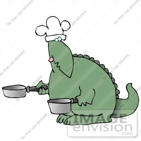 #27955 Clip Art Graphic of a Green Dinosaur Chef Wearing A White Chefs Hat And Holding Two Pots by DJArt