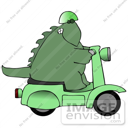 #27956 Clip Art Graphic of a Cool Green Dinosaur In A Helmet, Riding On A Green Scooter by DJArt