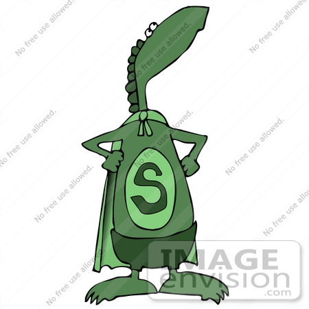 #27958 Clip Art Graphic of a Super Green Dinosaur Heroine Wearing A Cape by DJArt
