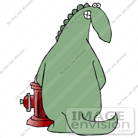 #27964 Clip Art Graphic of a Mischievous Dinosaur Urinating On A Red Fire Hydrant And Looking Back And Grinning by DJArt