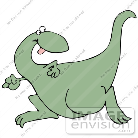 #27965 Clip Art Graphic of a Fast Green Dinosaur Looking Back Over His Shoulder While Running by DJArt