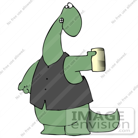 #27967 Clip Art Graphic of a Green Dinosaur Wearing A Vest And Holding Out A Can Of Beer by DJArt