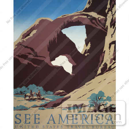 #27981 Two Cowboys On Horses Near A Stream By A Rock Formation In The Desert Travel Stock Illustration by JVPD