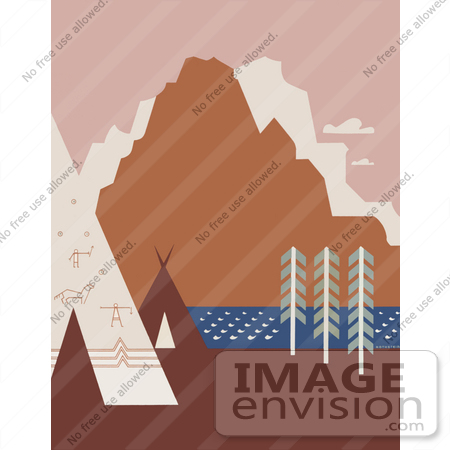 #27985 American Indian Tipis And Rock Art Near a River And Mountains in Montana Stock Illustration by JVPD