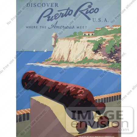 #27986 War Cannon By A Cliff Over The Harbor With A Veiw Of The Bartizan at Fort San Felipe del Morro in Puerto Rico Travel Stock Illustration by JVPD