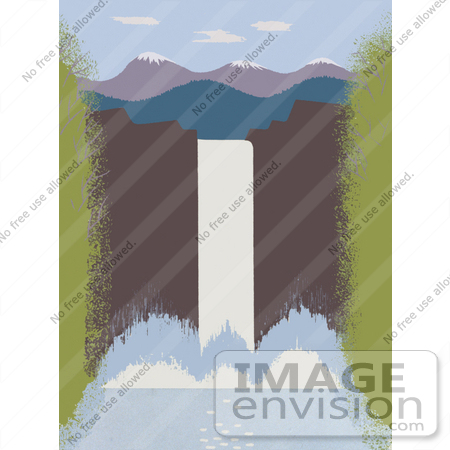 #27993 Big White Waterfall Splashing Into a Pool Below, Near Snow Topped Mountains Stock Illustration by JVPD