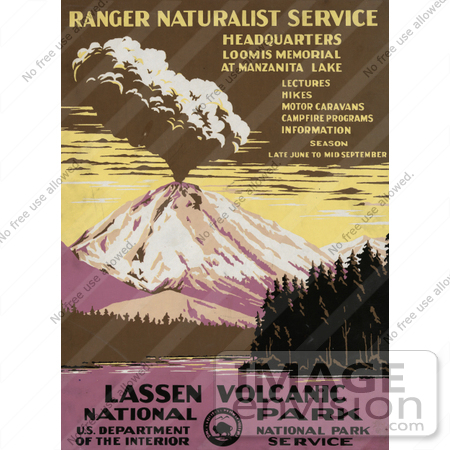 #27994 Manzanita Lake With A View Of Evergreen Trees And A Volcano Exploding in the Distance at Lassen Volcanic National Park, California Travel Stock Illustration by JVPD