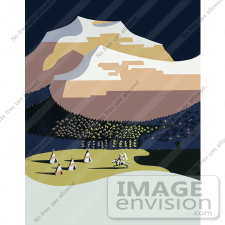 #27998 Native American On A White Horse, Riding Near Tipis Close To A Forest and Snow Capped Mountains in Montana Stock Illustration by JVPD