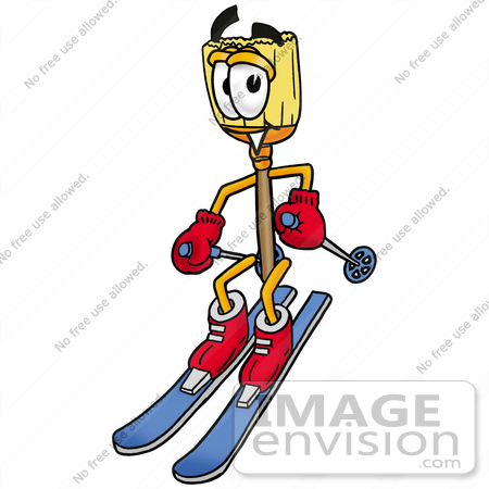#28007 Clip Art Graphic of a Straw Broom Cartoon Character Skiing Downhill by toons4biz