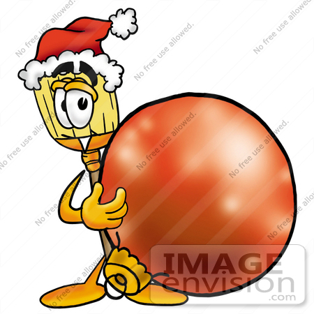 #28008 Clip Art Graphic of a Straw Broom Cartoon Character Wearing a Santa Hat, Standing With a Christmas Bauble by toons4biz