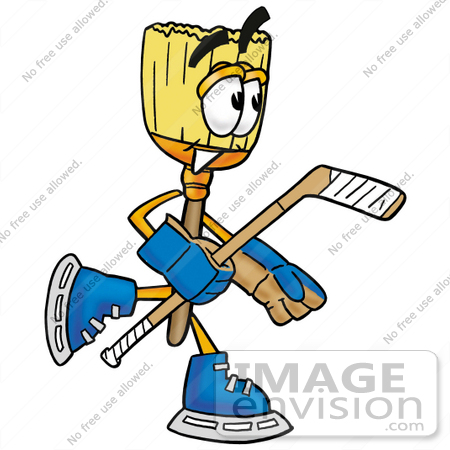 #28011 Clip Art Graphic of a Straw Broom Cartoon Character Playing Ice Hockey by toons4biz