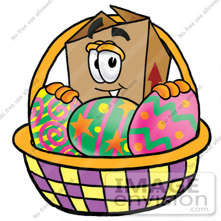 #28013 Clip Art Graphic of a Cardboard Shipping Box Cartoon Character in an Easter Basket Full of Decorated Easter Eggs by toons4biz