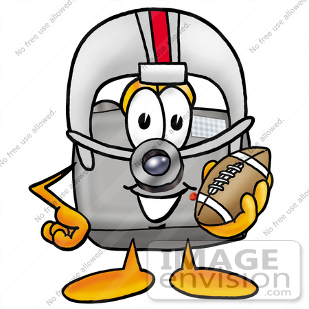 #28015 Clip Art Graphic of a Flash Camera Cartoon Character in a Helmet, Holding a Football by toons4biz