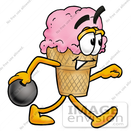 #28017 Clip Art Graphic of a Strawberry Ice Cream Cone Cartoon Character Holding a Bowling Ball by toons4biz