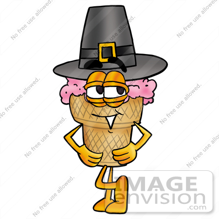 #28019 Clip Art Graphic of a Strawberry Ice Cream Cone Cartoon Character Wearing a Pilgrim Hat on Thanksgiving by toons4biz