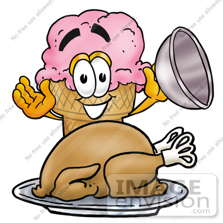 #28020 Clip Art Graphic of a Strawberry Ice Cream Cone Cartoon Character Serving a Thanksgiving Turkey on a Platter by toons4biz