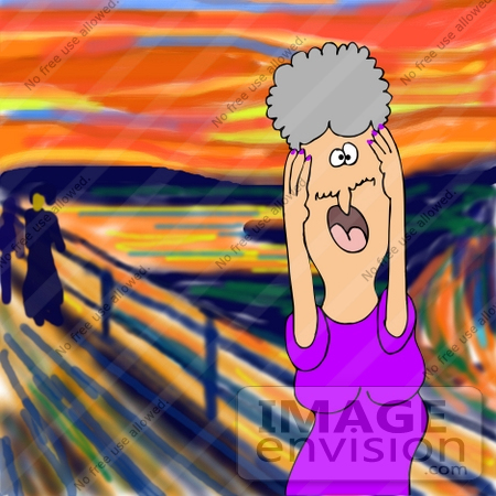 #28022 People Clipart Picture of a Humorous Parody Of "The Scream" By Edvard Munch Showing An Elderly Caucasian Grandmother Woman or Wife Holding Her Hands up to Her Face and Screaming by DJArt