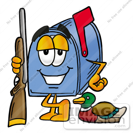 #28025 Clip Art Graphic of a Blue Snail Mailbox Cartoon Character Duck Hunting, Standing With a Rifle and Duck by toons4biz