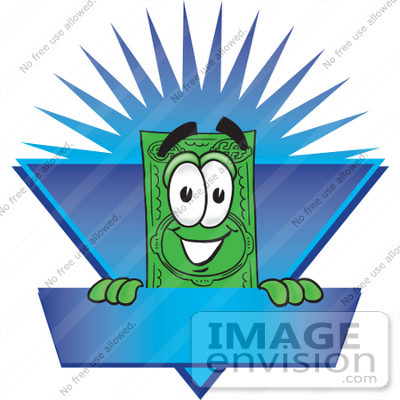 #28026 Clip Art Graphic of a Flat Green Dollar Bill Cartoon Character on a Blue Label Logo With a Burst by toons4biz