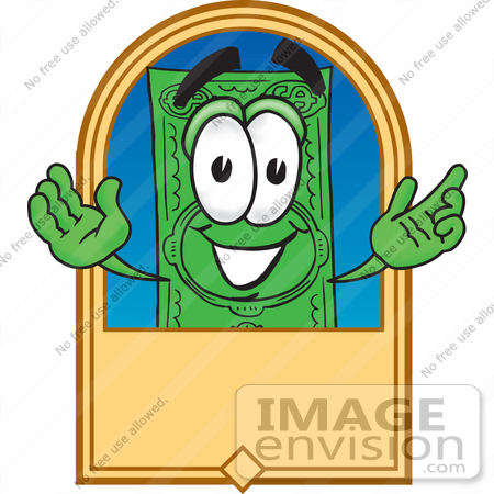 #28027 Clip Art Graphic of a Flat Green Dollar Bill Cartoon Character on a Blank Tan Label by toons4biz