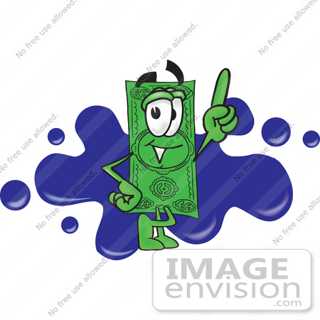 #28028 Clip Art Graphic of a Flat Green Dollar Bill Cartoon Character Pointing Upwards and Standing in Front of a Blue Paint Splatter on a Logo by toons4biz