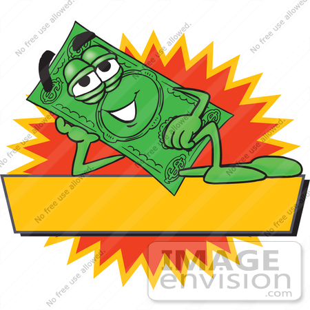 #28029 Clip Art Graphic of a Flat Green Dollar Bill Cartoon Character Reclining Over a Blank Yellow Label With a Burst by toons4biz