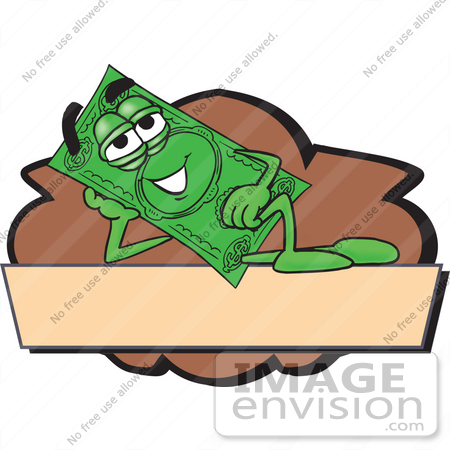 #28030 Clip Art Graphic of a Flat Green Dollar Bill Cartoon Character Reclining Over a Tan Label and a Brown Background on a Logo by toons4biz