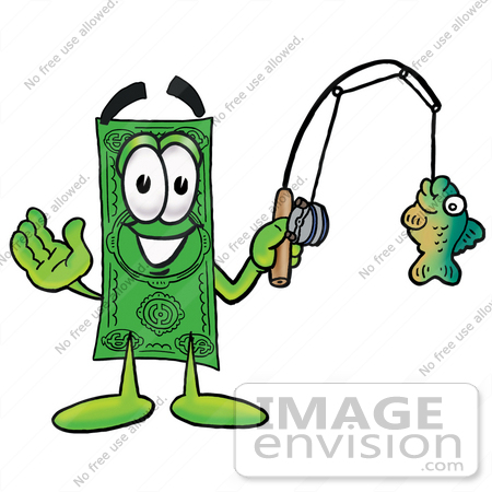 #28033 Clip Art Graphic of a Flat Green Dollar Bill Cartoon Character Holding a Fish on a Fishing Pole by toons4biz