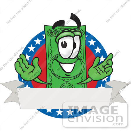 #28034 Clip Art Graphic of a Flat Green Dollar Bill Cartoon Character On a Blank Logo Label With a White Banner, Red Background and Stars Over Blue by toons4biz