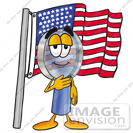 #28038 Clip Art Graphic of a Blue Handled Magnifying Glass Cartoon Character Pledging Allegiance to an American Flag by toons4biz
