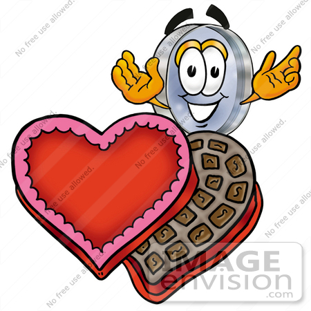 #28041 Clip Art Graphic of a Blue Handled Magnifying Glass Cartoon Character With an Open Box of Valentines Day Chocolate Candies by toons4biz