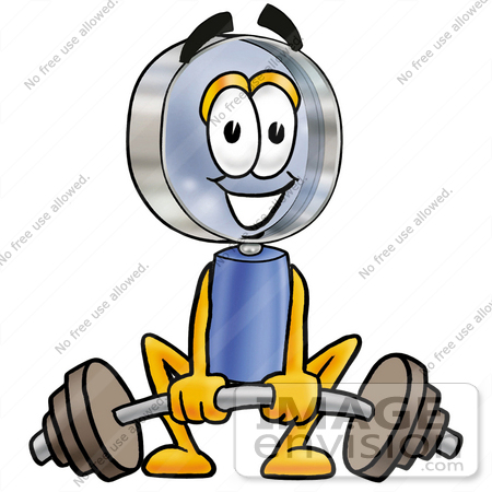 #28043 Clip Art Graphic of a Blue Handled Magnifying Glass Cartoon Character Lifting a Heavy Barbell by toons4biz