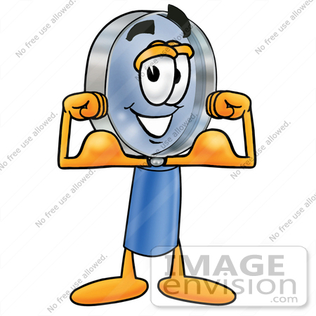 #28044 Clip Art Graphic of a Blue Handled Magnifying Glass Cartoon Character Flexing His Arm Muscles by toons4biz