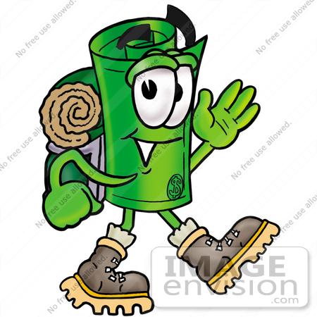 #28045 Clip Art Graphic of a Rolled Greenback Dollar Bill Banknote Cartoon Character Hiking and Carrying a Backpack by toons4biz