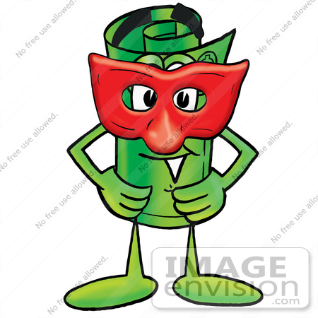#28049 Clip Art Graphic of a Rolled Greenback Dollar Bill Banknote Cartoon Character Wearing a Red Mask Over His Face by toons4biz