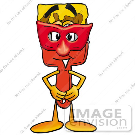 #28051 Clip Art Graphic of a Red Paintbrush With Yellow Paint Cartoon Character Wearing a Red Mask Over His Face by toons4biz